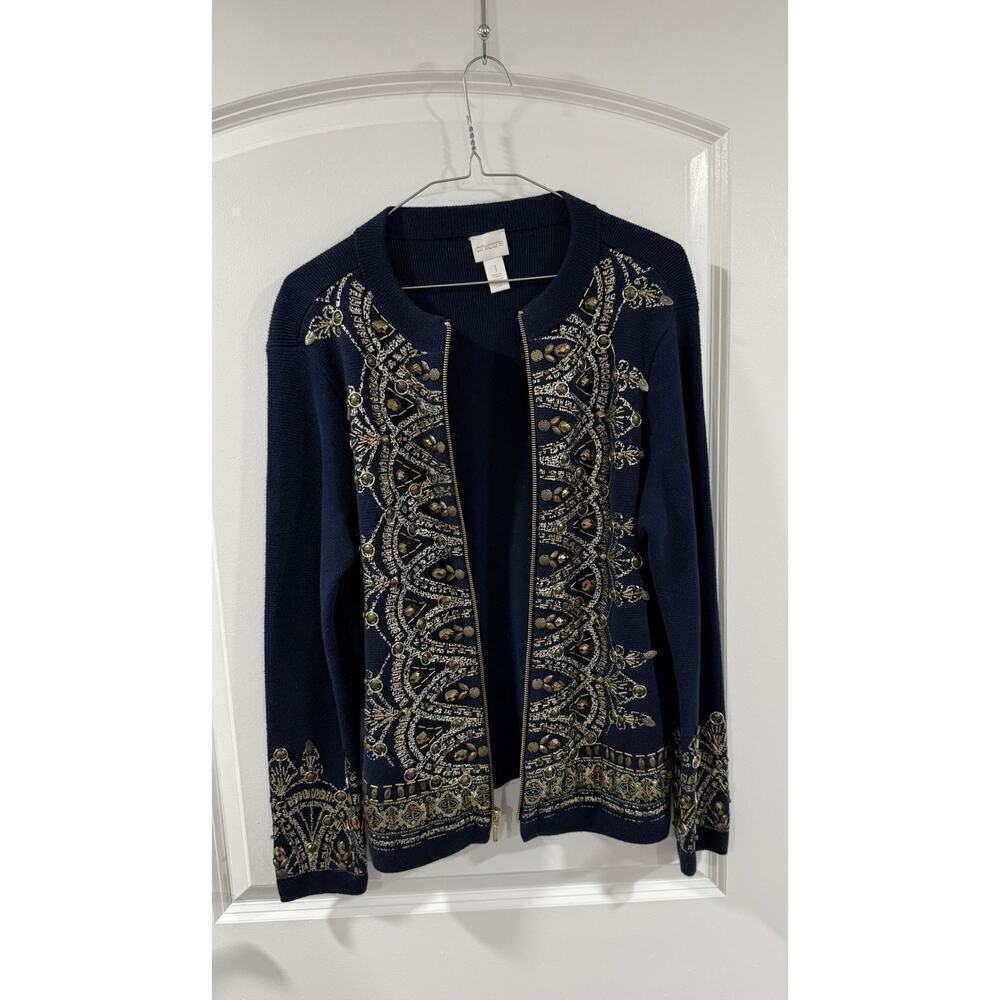 Chico’s Demitria Cardigan Navy Gold Beaded Embroidered Zip Jacket Sz 1 - Picture 3 of 14